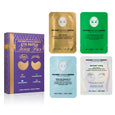 Four varieties of Peter Thomas Roth hydra-gel eye patches in gold, green, blue, and white packets with purple gift box packag