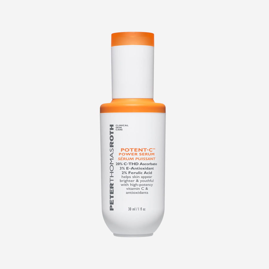 White bottle with orange cap containing Potent-C Power Serum, 30 ml, with product information printed on label.