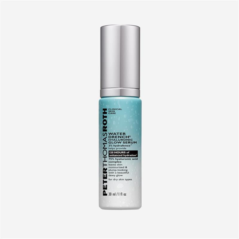 Clear bottle with silver cap containing turquoise hyaluronic glow serum, 30 ml size.