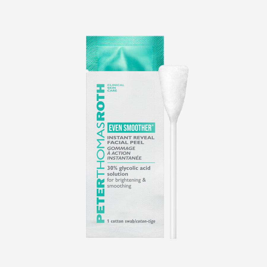 Peter Thomas Roth Even Smoother Instant Reveal Facial Peel package with turquoise and white design and one white cotton swab 