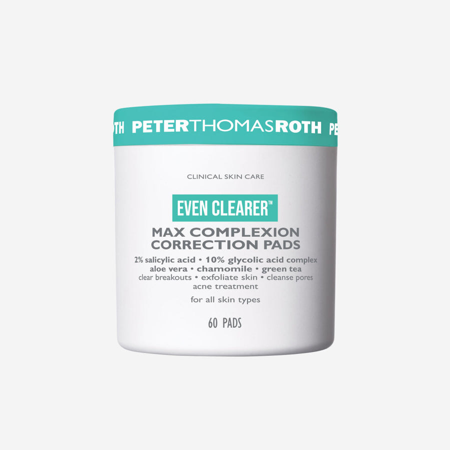 White cylindrical jar with teal band containing 60 complexion correction pads by Peter Thomas Roth.