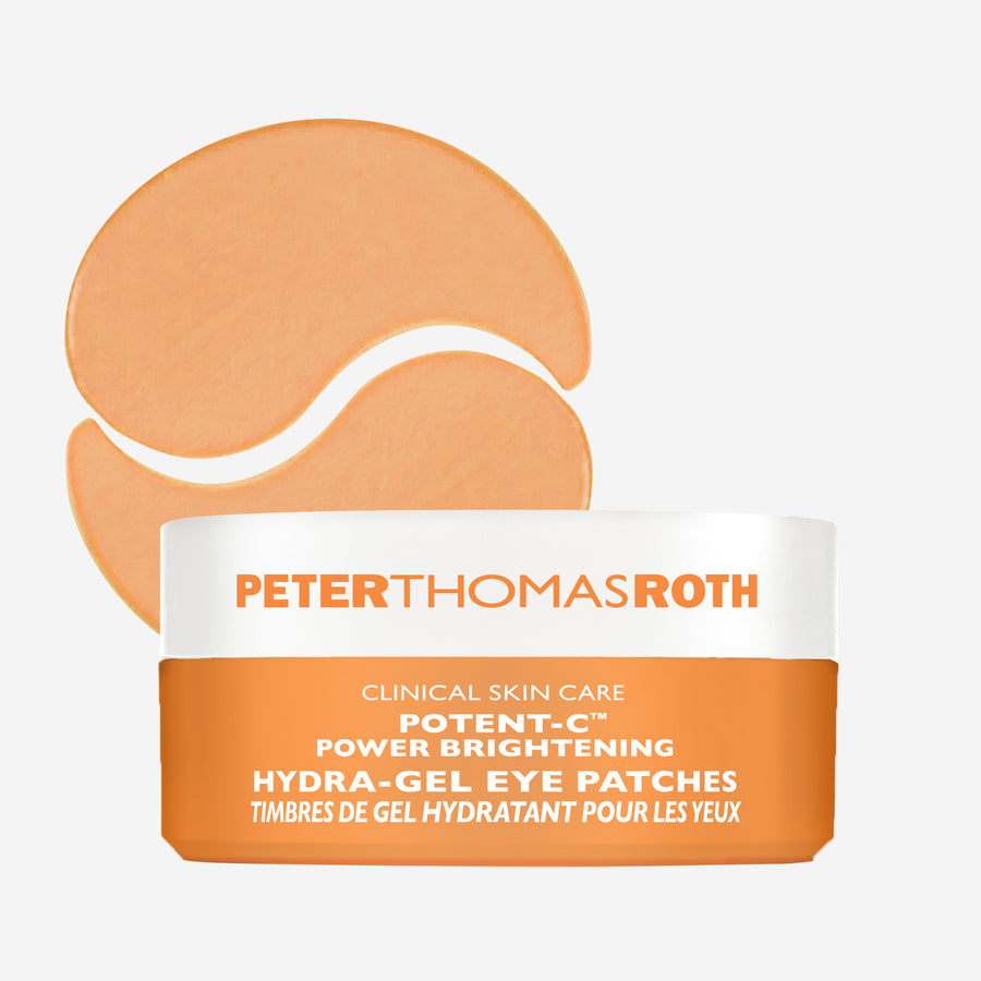 Peter Thomas Roth Potent-C Power Brightening Hydra-Gel Eye Patches in orange and white packaging.