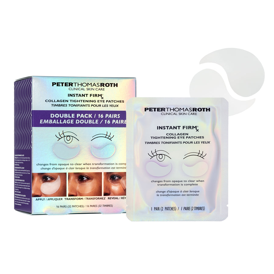 Peter Thomas Roth Instant FIRMx collagen tightening eye patches double pack with box and individual patch visible.