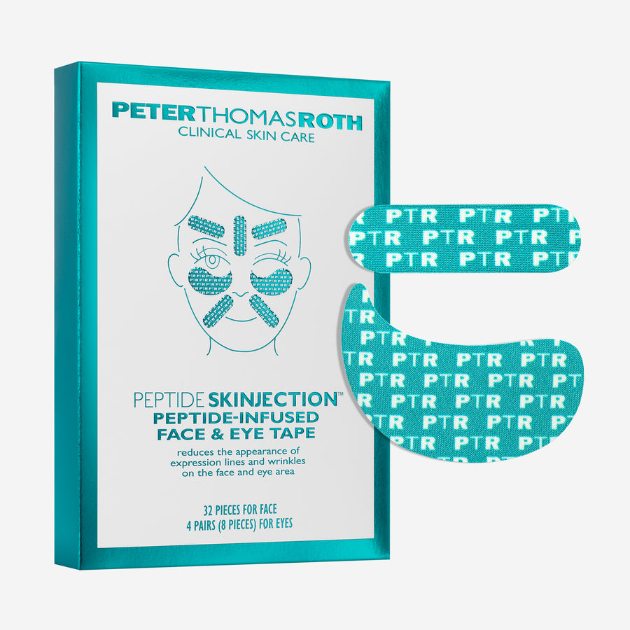 Peter Thomas Roth peptide-infused face and eye tape set in teal packaging with illustrated application guide.