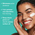 Woman applying white sulfur mask to cheek against turquoise background.