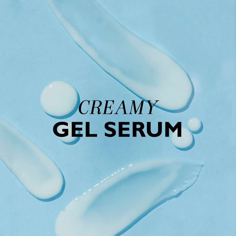 White creamy gel serum with droplets displayed on light blue background.