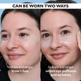 Person demonstrating eye patches worn on crow's feet and under-eye areas in two different placement options.