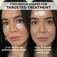 Model wearing two gel patch shapes: curved patches under eyes and rectangular patch on forehead.