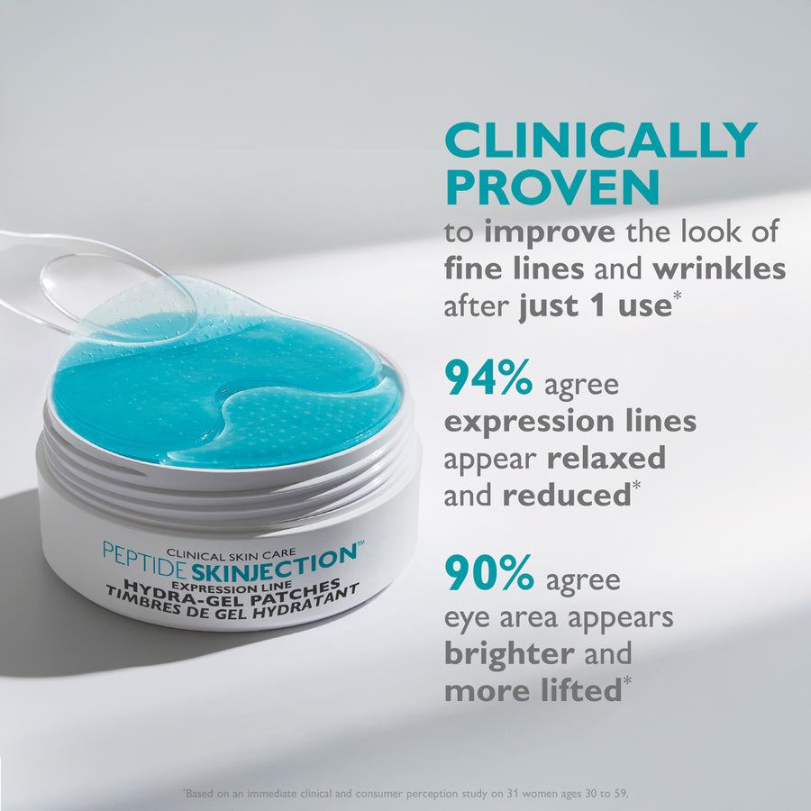 White jar with turquoise hydra-gel patches inside, labeled Peptide Skinjection Expression Line Hydra-Gel Patches with clinica