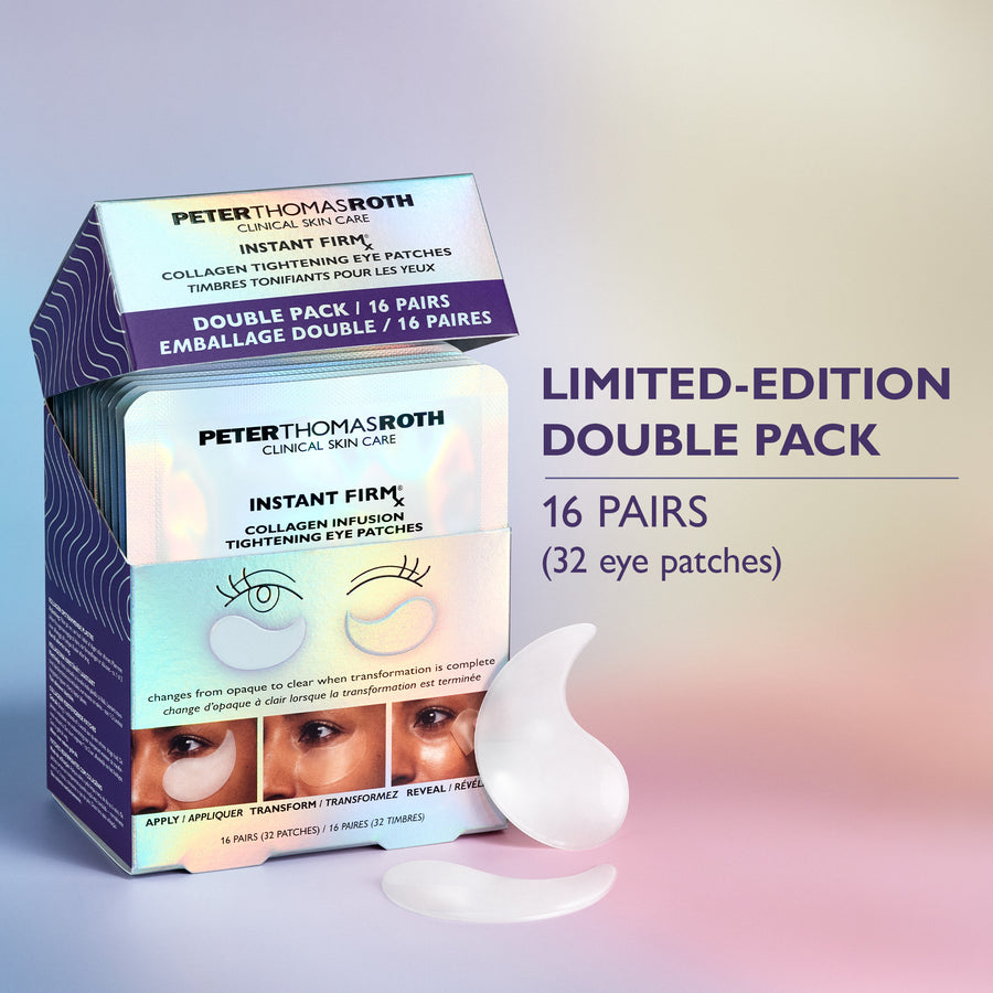 Peter Thomas Roth Instant FIRMx collagen tightening eye patches double pack containing 16 pairs with two white patches displa
