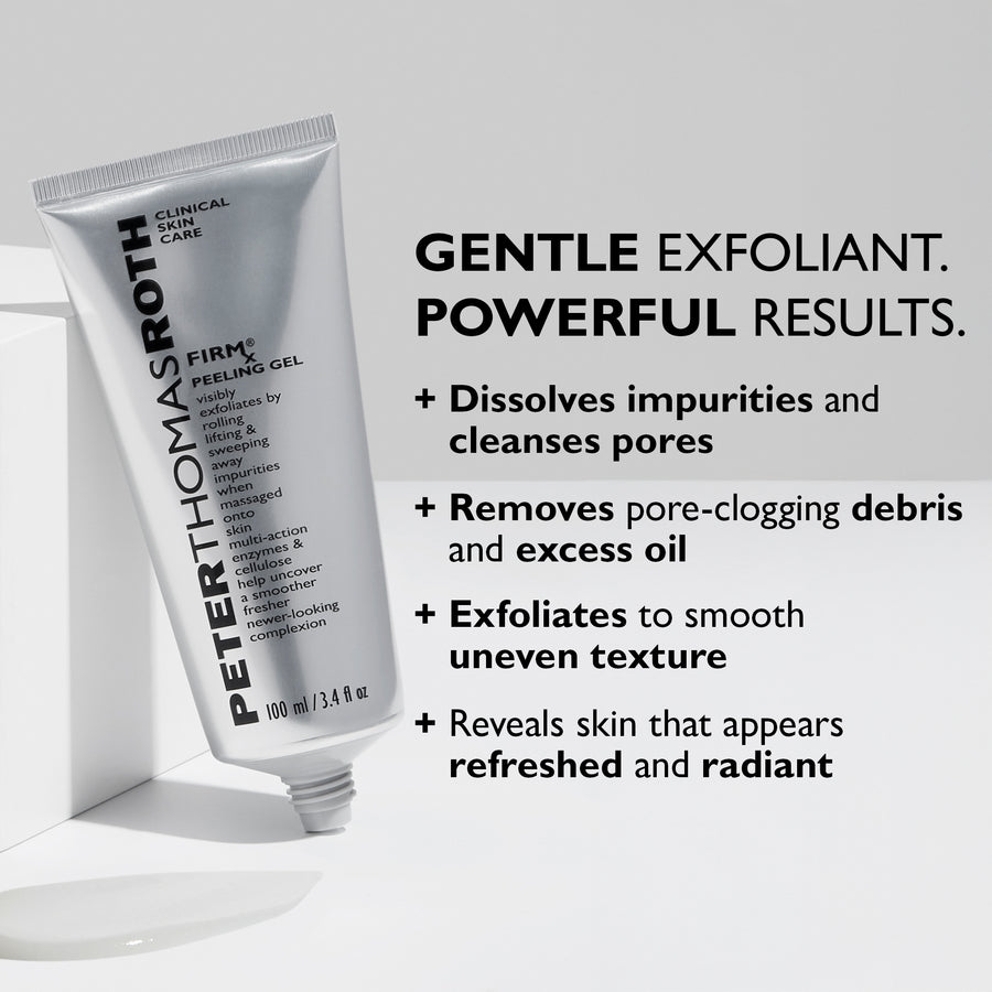 Peter Thomas Roth FIRMx Peeling Gel in silver tube with white cap, 100 ml/3.4 fl oz size.