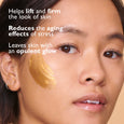 Gold-colored face mask applied to cheek and temple area of person with dark hair and brown eyes.
