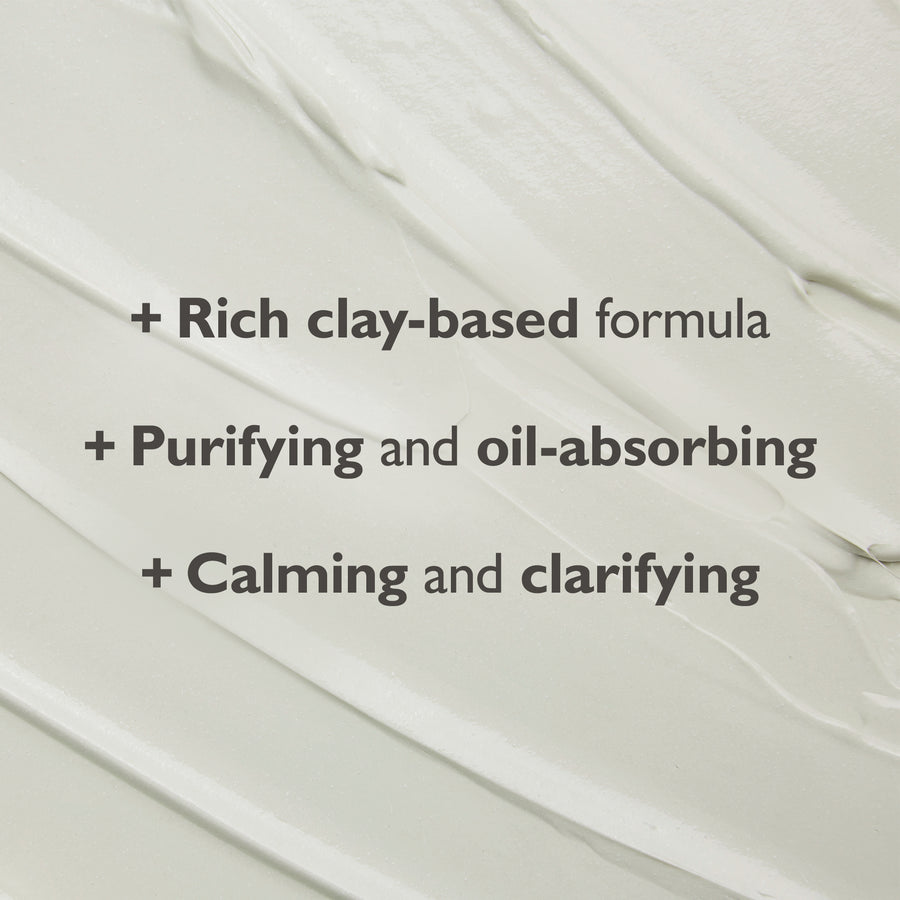 Cream-colored therapeutic sulfur mask with text describing clay-based formula, purifying properties, and calming benefits.