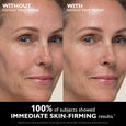 Before and after comparison of woman's face showing skin texture with and without firming primer applied.