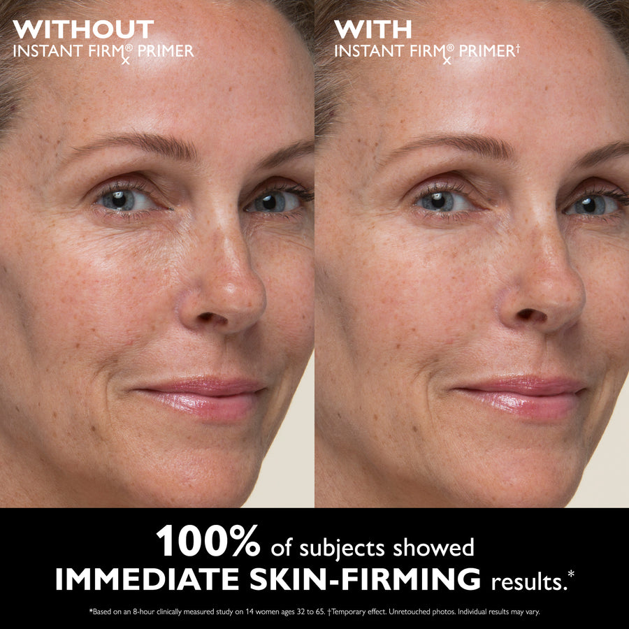 Before and after comparison of woman's face showing skin texture with and without firming primer applied.