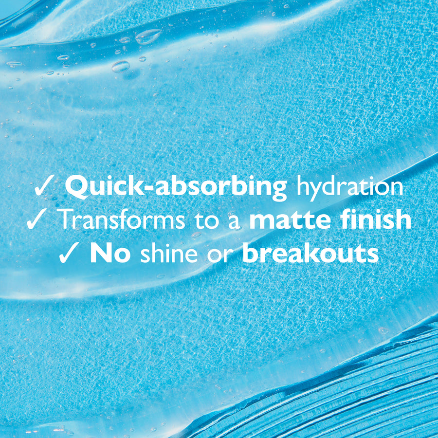 Blue translucent jelly moisturizer with water droplets and flowing texture on surface.