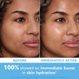 Before and after comparison of facial skin showing increased hydration and shine on the right side.