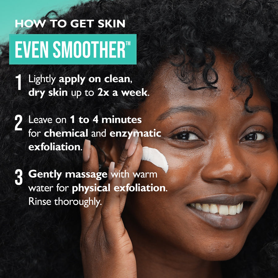 Person applying white exfoliating cream to cheek with usage instructions displayed.