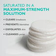 Stack of white complexion correction pads with product benefits listed on gray background.