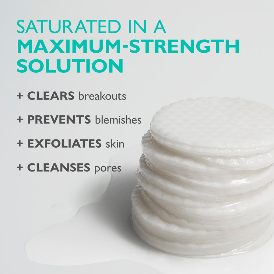 Stack of white complexion correction pads with product benefits listed on gray background.