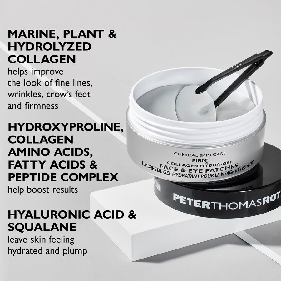 FIRMx Collagen Hydra-Gel face and eye patches in white container with black applicator and black base band.