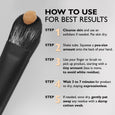Application brush with beige cream product and five-step usage instructions displayed on gray background.