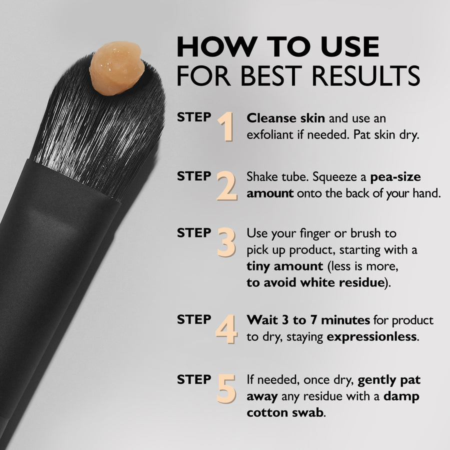 Application brush with beige cream product and five-step usage instructions displayed on gray background.