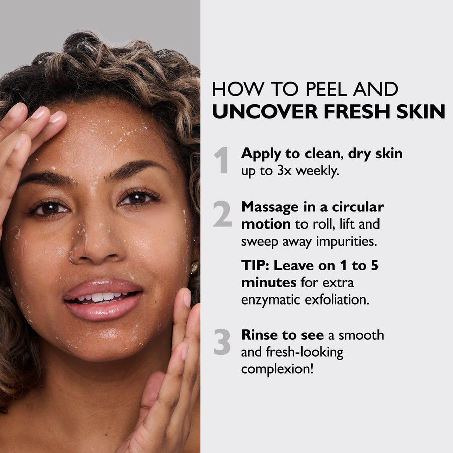 Clear gel peeling product applied to person's forehead and cheek, showing product texture during demonstration.