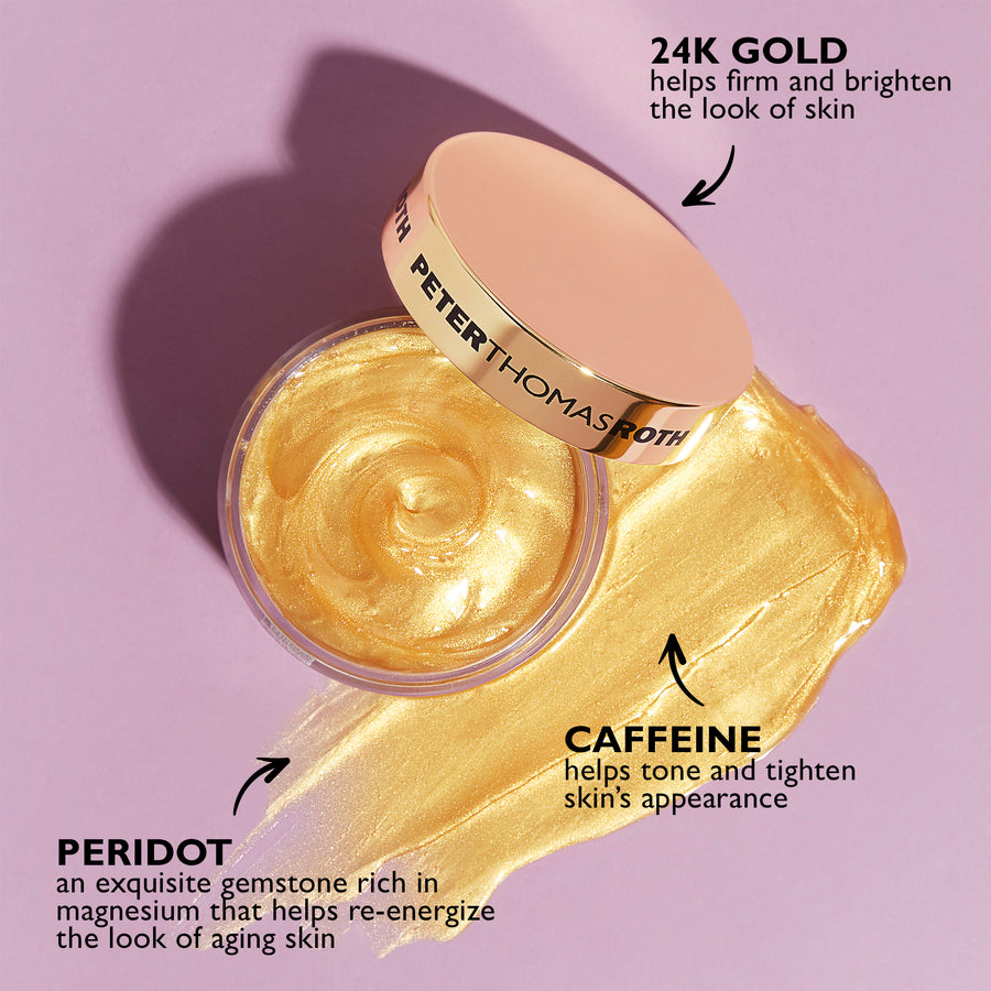 Gold facial mask in clear jar with cream lid, shown with swatches of golden gel texture on pink background.