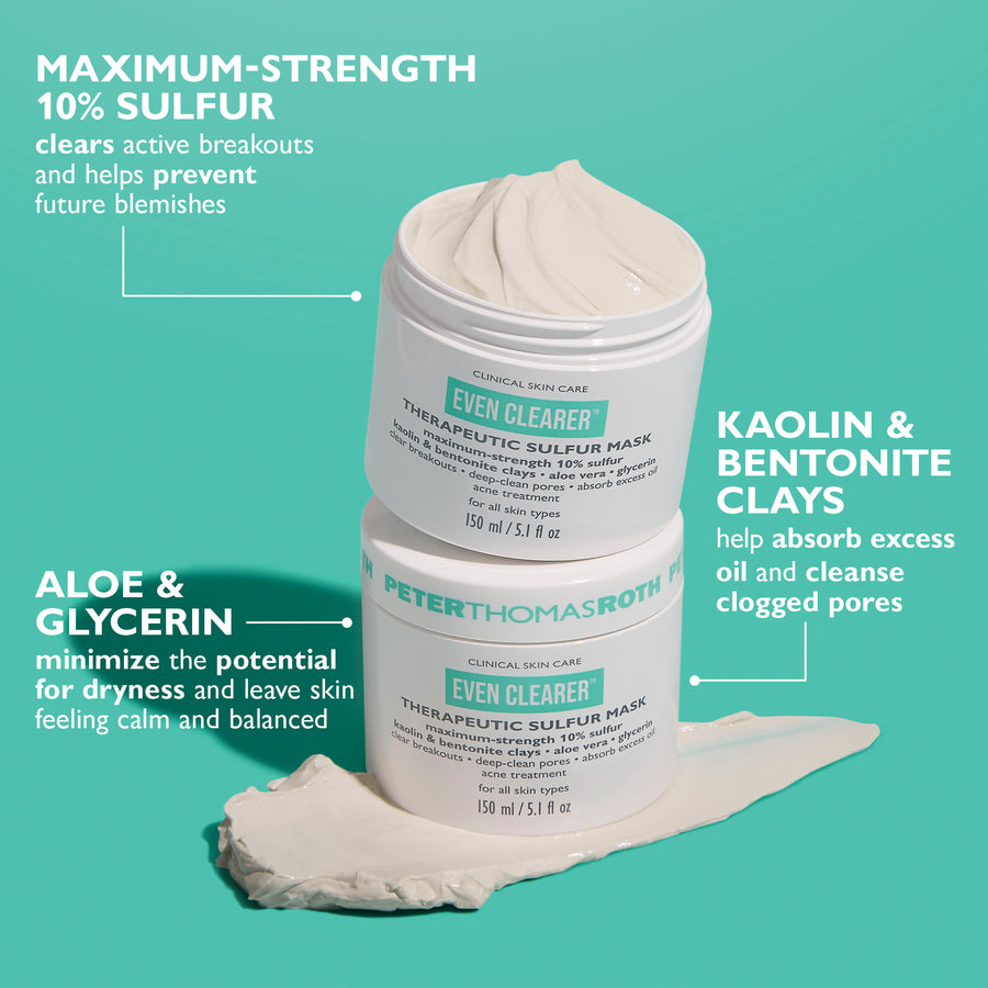 Two white jars of Even Clearer Therapeutic Sulfur Mask with cream-colored product swatches on turquoise background.