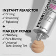 Silver tube of beige firming primer with product claims and a dollop of product displayed below the opening.