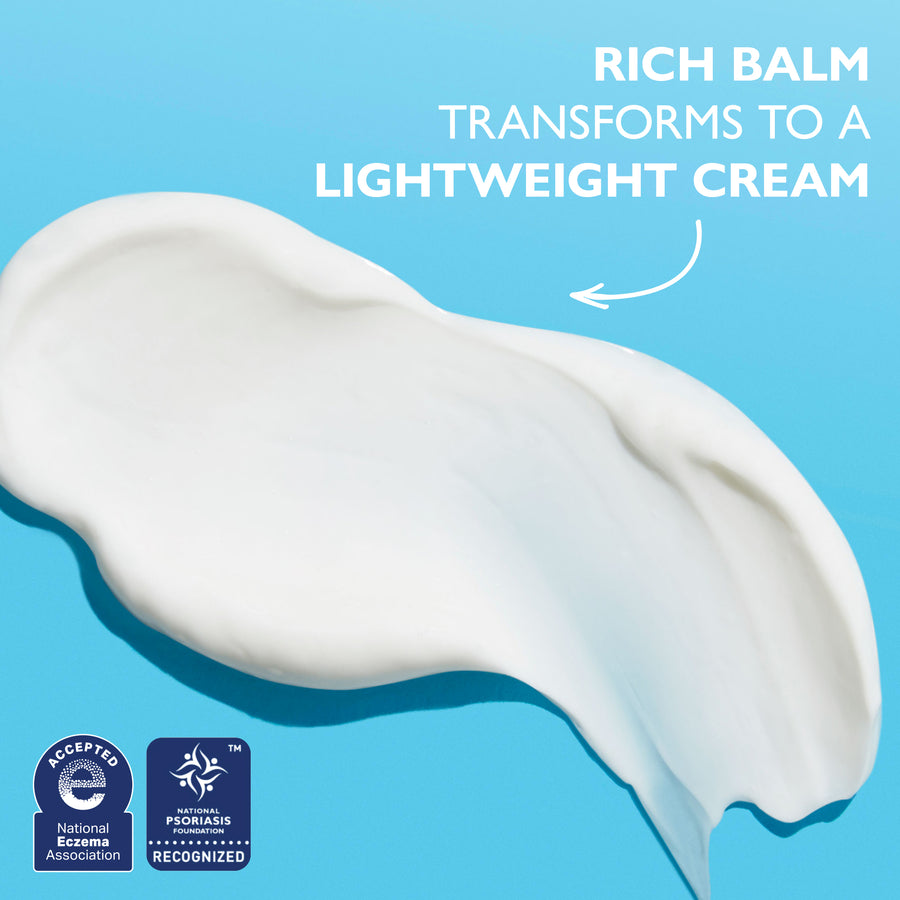 White cream balm texture on blue background with National Eczema Association and psoriasis recognition seals.