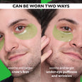 Green hydra-gel eye patches applied to under-eye area in two different positions on a person's face.