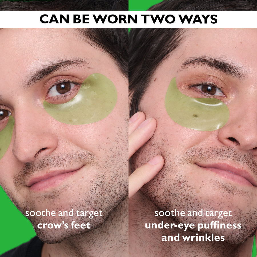 Green hydra-gel eye patches applied to under-eye area in two different positions on a person's face.