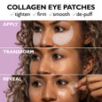 Beige crescent-shaped eye patches applied to and removed from under eyes, shown in three stages on a person with brown skin.