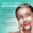 Person wearing white therapeutic mask on forehead, cheeks, and chin against turquoise background with usage instructions.