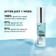 Clear pump bottle of light blue hyaluronic glow serum with silver and black cap on light blue background.