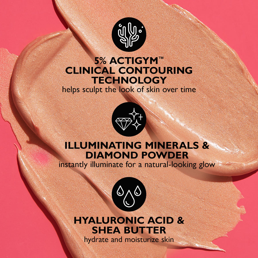Shimmering beige priming serum swatches showing luminous texture against pink background with ingredient callouts.