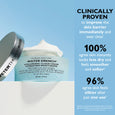 Light blue jar with gray lid containing pale blue-tinted cream moisturizer, displayed against blue background with white text