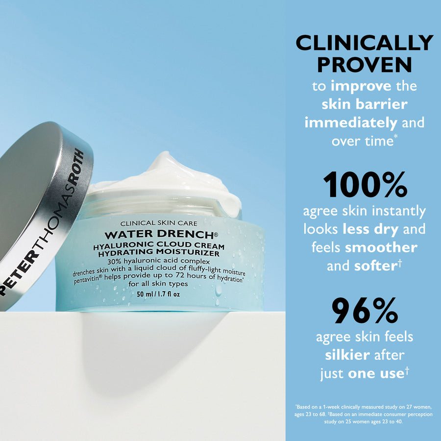 Light blue jar with gray lid containing pale blue-tinted cream moisturizer, displayed against blue background with white text