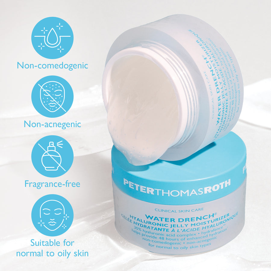 Clear jar of pale cream moisturizer with white lid and blue Peter Thomas Roth band, displayed with four benefit icons.