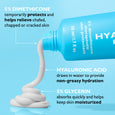Blue tube dispensing white cream with labeled ingredient callouts on light blue background.