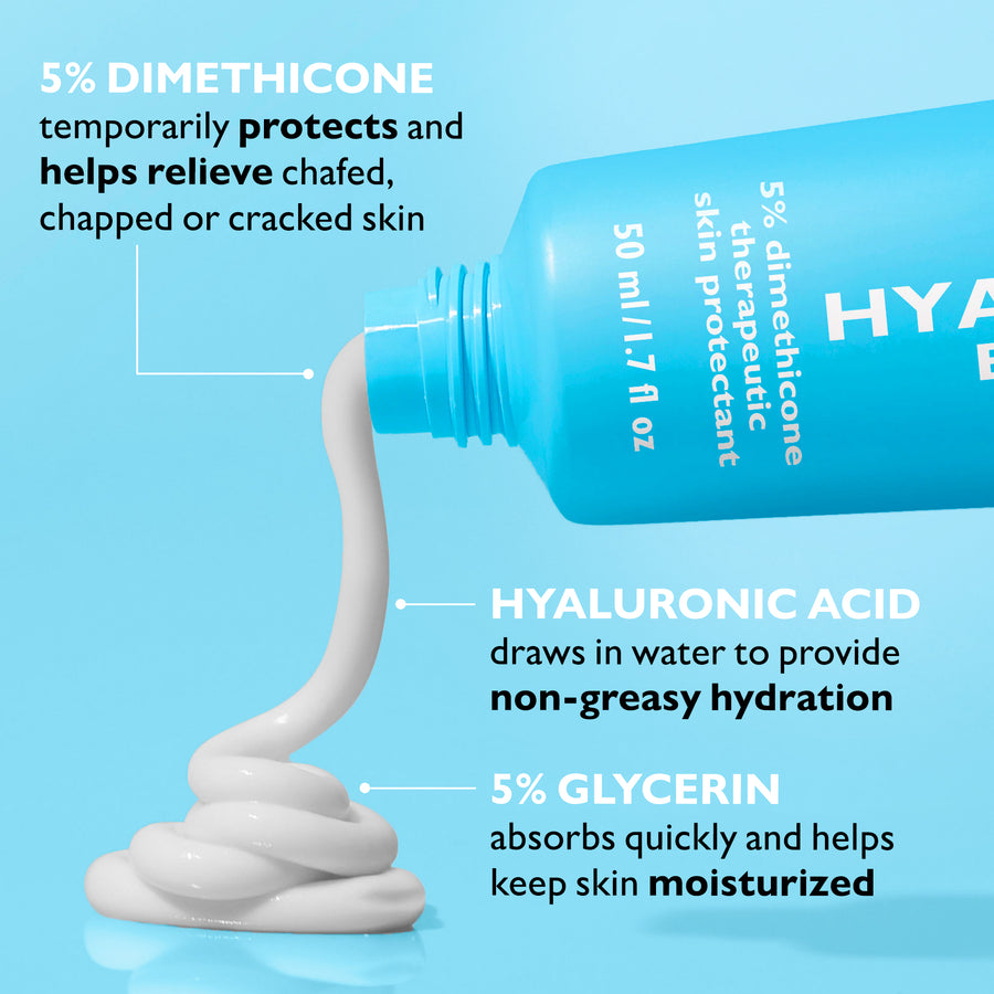 Blue tube dispensing white cream with labeled ingredient callouts on light blue background.