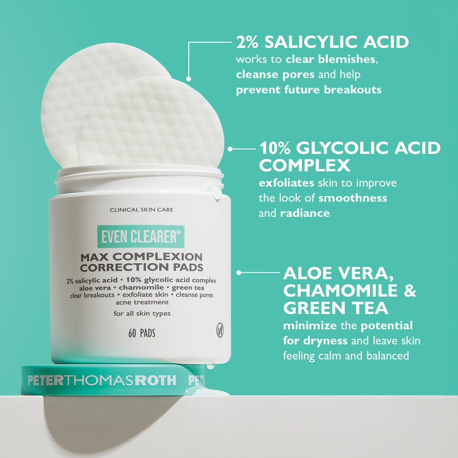White jar of Even Clearer Max Complexion Correction Pads with a textured white pad on top against a turquoise background.