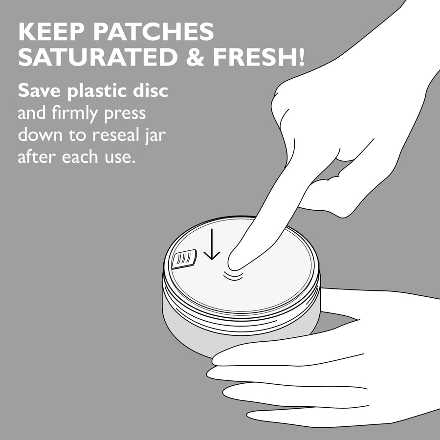 Hand pressing plastic disc onto jar of collagen hydra-gel patches with instruction text above.