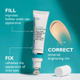 Two-piece skincare kit with white under-eye cream tube and universal brightening tint applicator on turquoise background.