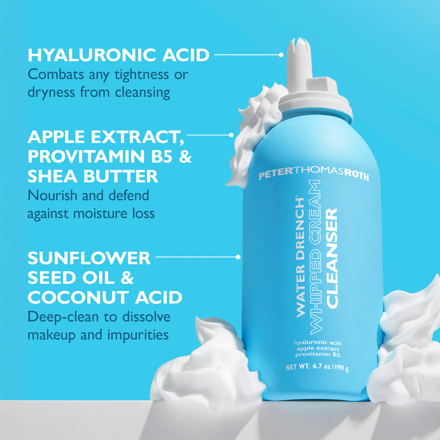 Blue bottle of Peter Thomas Roth Water Drench Whipped Cream Cleanser with white whipped cream texture swirls around it on bri