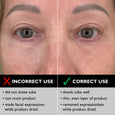 Before and after comparison of face tightening product application on eye area showing correct and incorrect usage techniques
