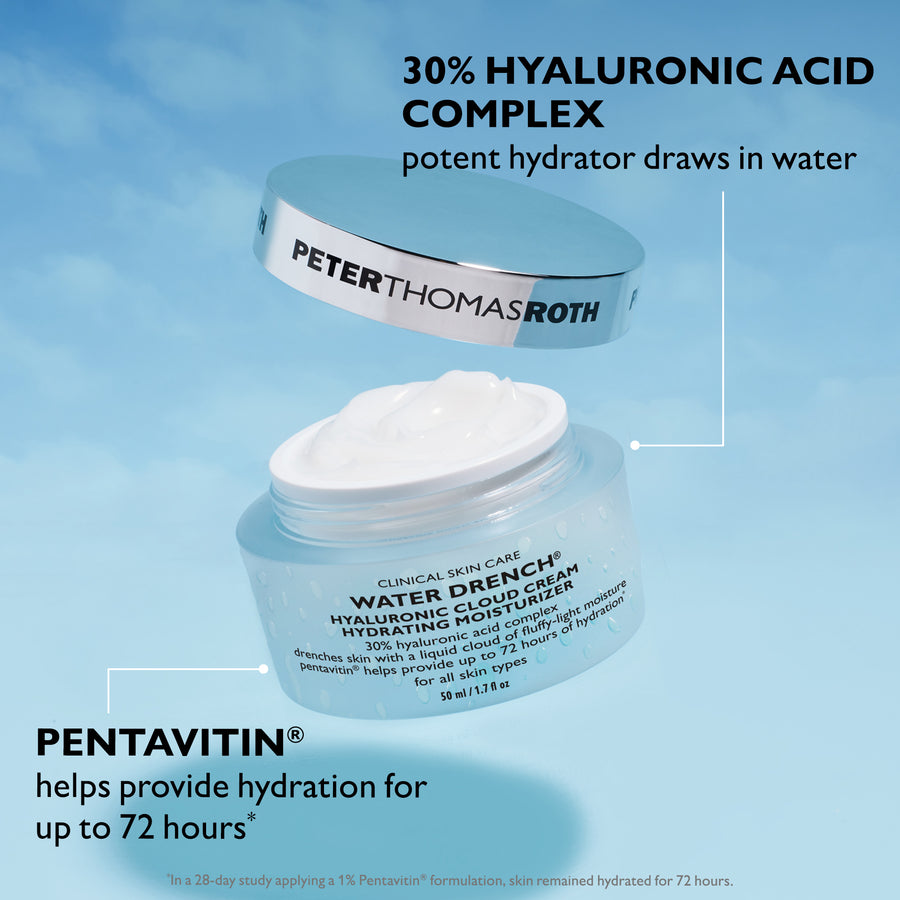 Peter Thomas Roth Water Drench Hyaluronic Cloud Cream moisturizer jar with white cream and lid against blue background.