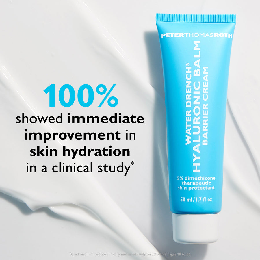 Bright blue tube of Peter Thomas Roth Water Drench Hyaluronic Balm Barrier Cream, 50 ml, with white ribbed cap on white backg